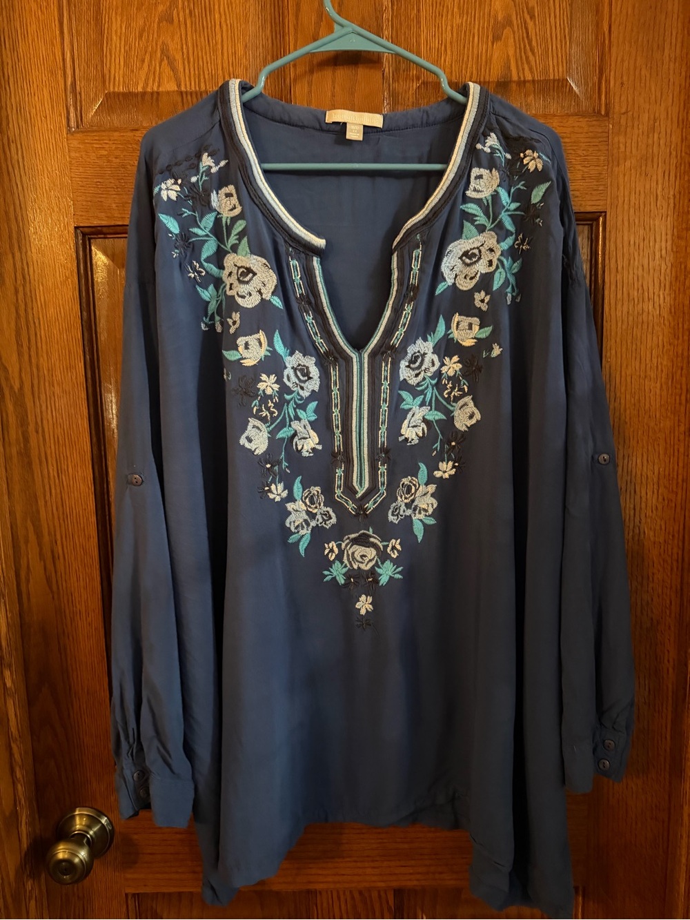 Woman Within 3X Blue V Neck Pullover Blouse Long Sleeve Floral Embroidered